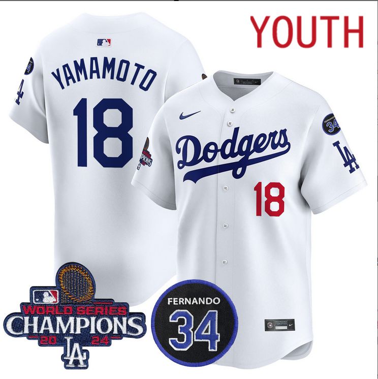 Youth  MLB Los Angeles Dodgers #18 Yamamoto white 2024 World Series Champions Patch Limited Jersey